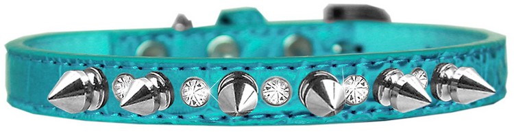 Silver Spike and Clear Jewel Croc Dog Collar Turquoise Size 16